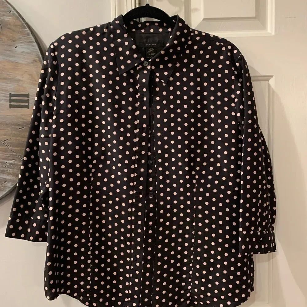 SilkLand Black Polka Dot Button Down Shirt sz L